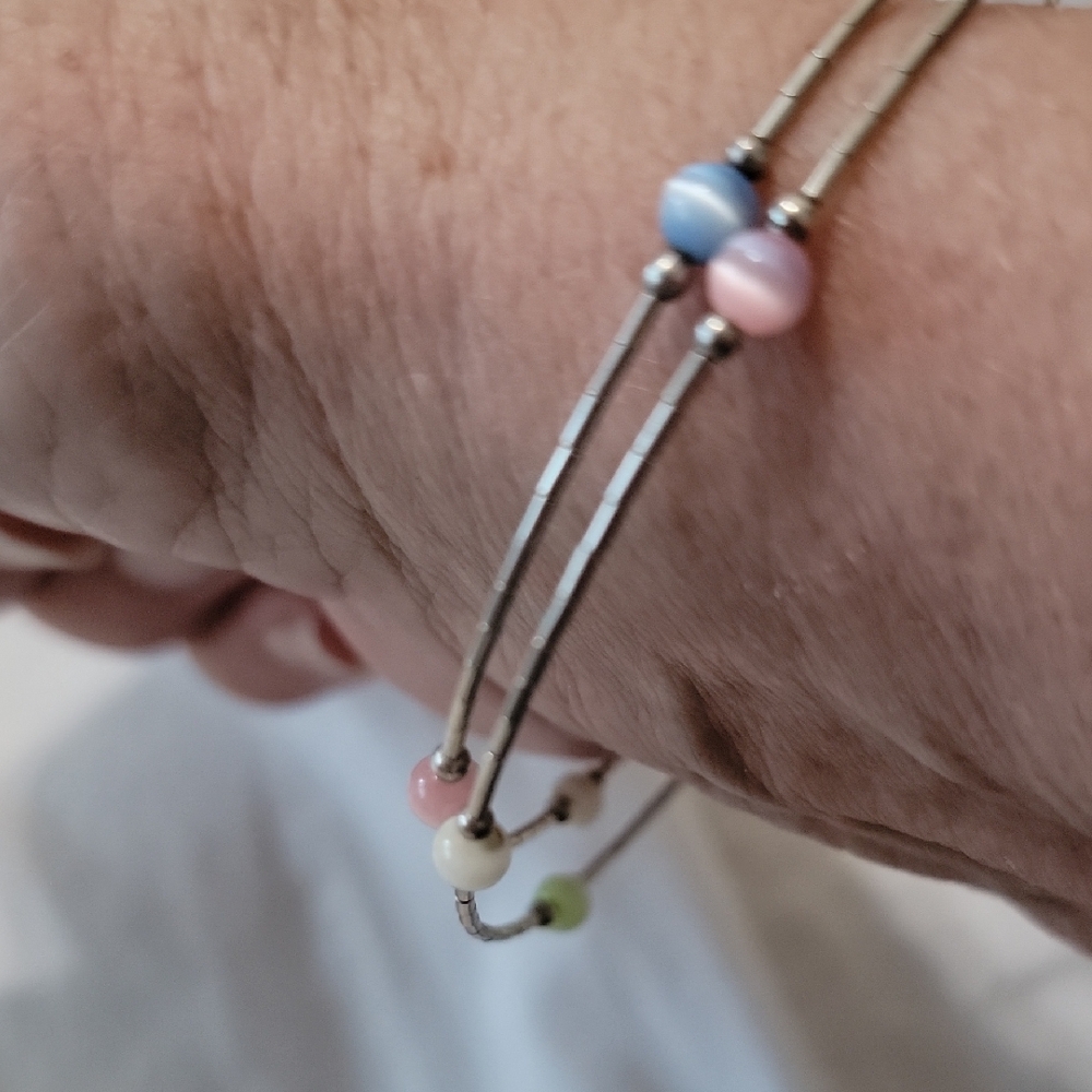 Adjustable Wire Silver Arm Or Ankle Bracelet with Colorful Beads 8"in or Larger - Picture 2 of 4